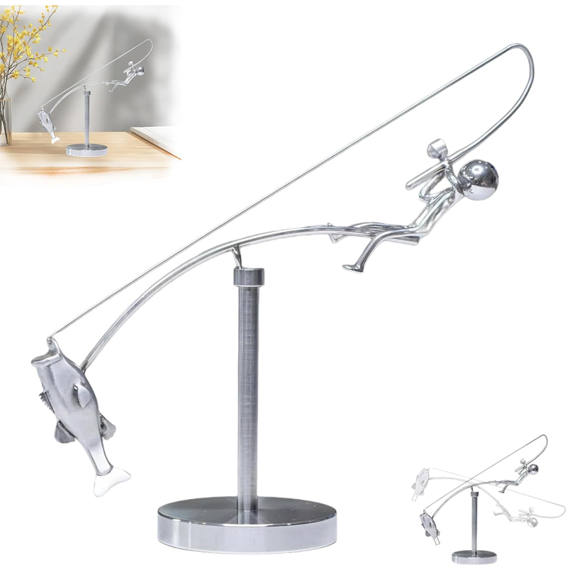 Metal Dynamic Fishing Sculpture Home Office Desktop Ornament, suitable for home decoration and fishing enthusiasts
